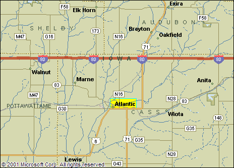 Map to Atlantic in southwest Iowa